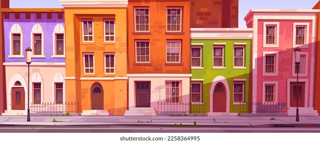 Cartoon city street in vector. Mayfair district in London. Town panorama illustration for horizontal banner or advertising. Empry neighborhood for game design.