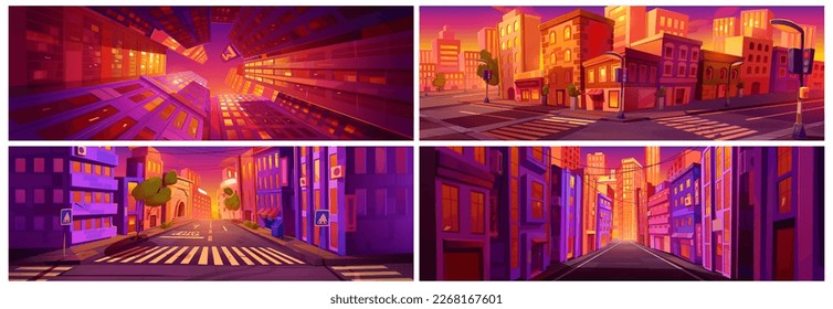 Cartoon city sunset vibrant game background vector set. Vibrant cityscape view with skyscraper and residential building. Bright urban town panorama perspective view with nobody in evening.