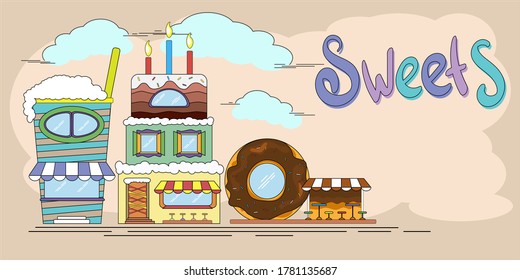 Cartoon city of sweets, donut, cake and milkshake. Vector illustration in flat style. Sweets production, children's park.