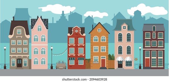 Cartoon city vector landscape, European town background for game design, separate layers for parallax effect in animation. Background for games, children's interiors and decorations