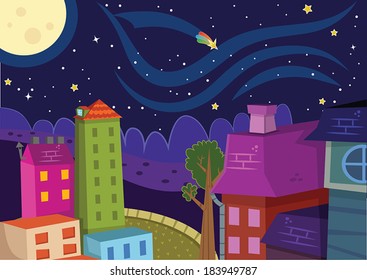 Cartoon city view at night.