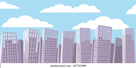 Cartoon Cityscape Background Against Cloudy Blue Sky.