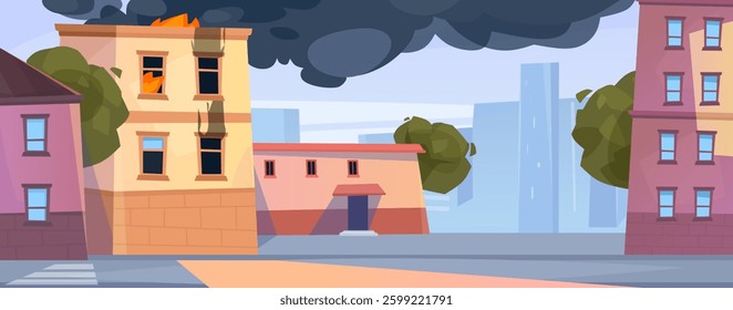 Cartoon cityscape with buildings engulfed in flames under a dramatic cloudy sky depicting chaos and urgency in an urban environment. Building on fire flat style vector illustration.