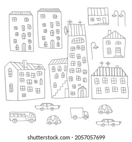 Cartoon cityscape. Cute urban background. Outline. Coloring book for child. Vector illustration.