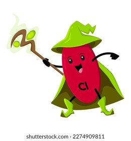 Cartoon Cl mineral micronutrient warlock character. Isolated vector chlorium funny food supplement. Nutrient or element bubble mage capsule personage wear witch hat, cape casts spell with magic staff