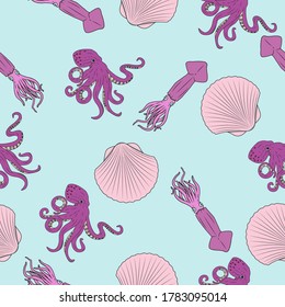 Cartoon Clam, Octopus, Squid. Animal Seamless Vector Pattern Design Background
