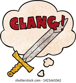 cartoon clanging sword with thought bubble in grunge texture style