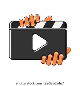 Cartoon of clapperboard with hand holding.