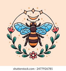 Cartoon classic bee and flower badge