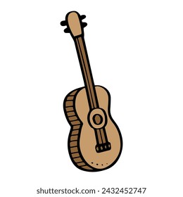 A cartoon classic brown guitar with a simplistic design, showcasing the strings, tuning pegs. music, instrument, art themes concept