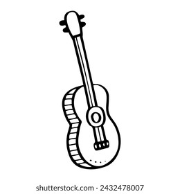 A cartoon classic brown guitar with a simplistic design, showcasing the strings, tuning pegs. music, instrument, art themes concept outline Vector