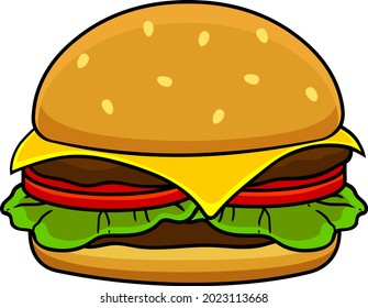 Cartoon Classic Double Cheeseburger With Cheese, Beef Patties Or Steak, Tomato And Lettuce. Vector Hand Drawn Illustration Isolated On Transparent Background