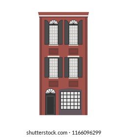 Cartoon classic flat colorful building facade on white background. Architecture icon highly detailed city front view abstract house. Skyscraper construction. Vector illustration