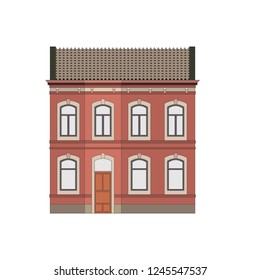 Cartoon classic flat colorful building facade on white background. Architecture icon highly detailed city front view abstract house. Skyscraper construction for web, game, ui. Vector illustration