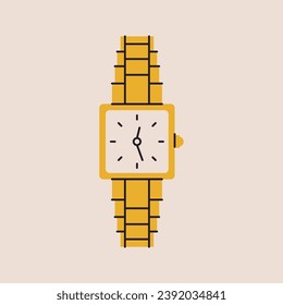 Cartoon classic gold wrist watch. Female wristwatch with metal bracelet, flat expensive time accessory golden jewelry. Vector illustration