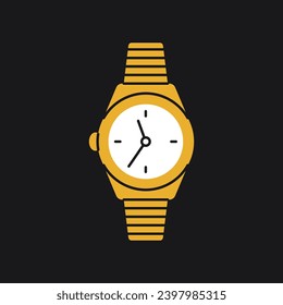 Cartoon classic gold wrist watch. Retro steel wristlet bracelet, flat expensive time accessory golden jewelry. Vector illustration