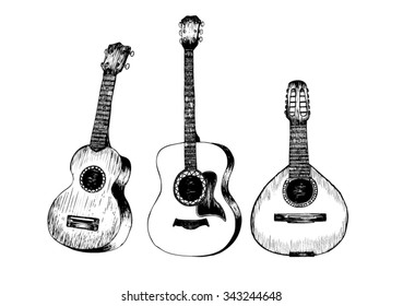 cartoon classic guitar in doodle style isolated on white background