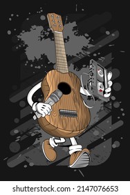 cartoon classic wooden guitar t  shirt design illustration