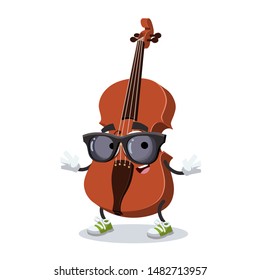 cartoon classical brown wooden violin character mascot in black sunglasses on a white background