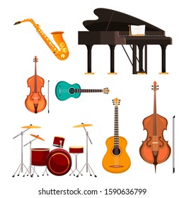 Cartoon classical jazz musician instruments set. Musical electric acoustic guitar, piano, drum kit, saxophone, violin, double bass. Flat music group equipment on white. Vector illustration