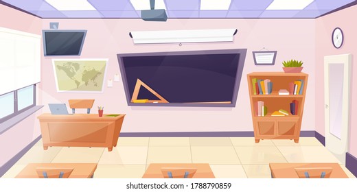 Cartoon classroom with chalkboard. Education concept illustration, college or university classroom. Vector illustraton