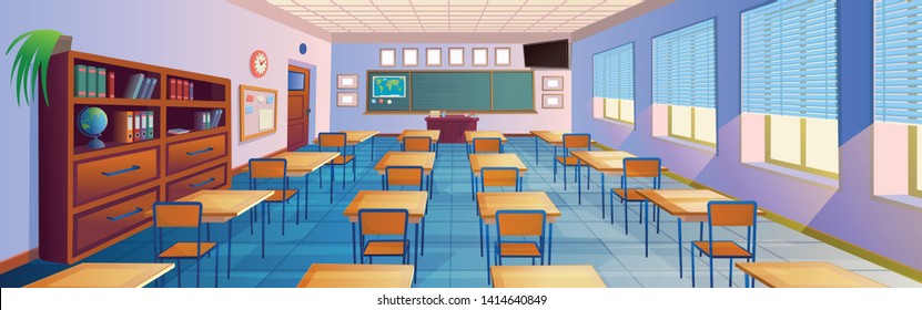 Cartoon classroom interior with view on blackboard, school desks with chairs, bookcase, door and window. Flat Vector Illustration.