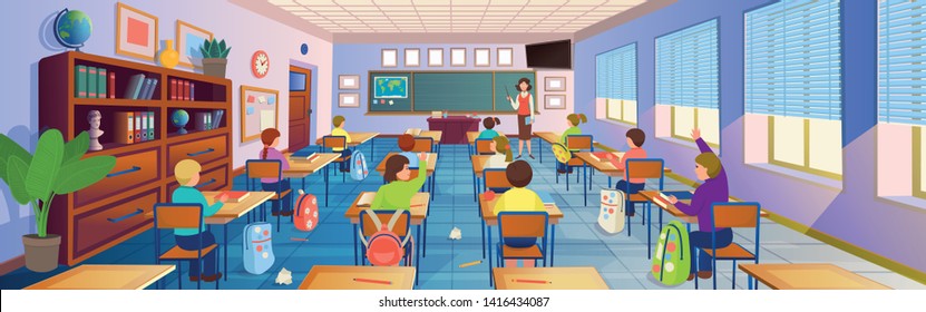  Cartoon Classroom Interior With View On Blackboard, School Desks With Chairs, Bookcase, Door And Window. Classroom With Children And Teacher. Flat Vector Illustration.