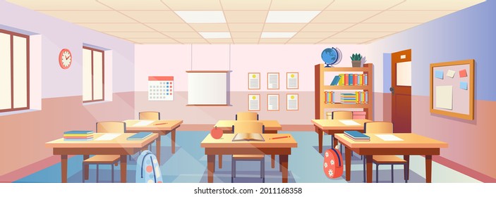 Cartoon classroom interior with view on school desks with chairs, bookcase, door and window. Flat Vector Illustration.