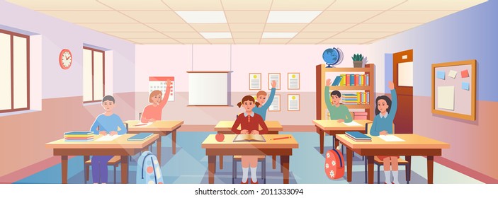 Cartoon classroom interior with view on school desks withc hildren, bookcase, door and window. Welcome back to school.Flat Vector Illustration.