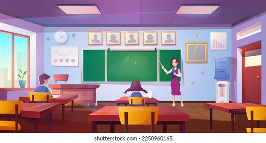 Cartoon classroom for math learning with pupils and teacher at the blackboard. Education school or college class interior with formula on green chalkboard, clock hanging on wall and water cooler.