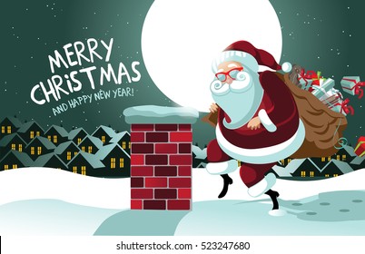 Cartoon Claus sneakily delivering gifts up on the rooftop. EPS 10 vector.