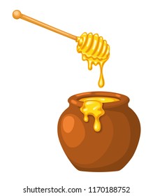 Cartoon clay pot of honey with wooden dipper. On white background