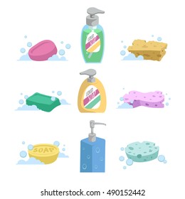 Cartoon clean bath set. Shampoo and liquid soap with dispenser, soap and colorful spoonges. Trendy stylized vector icon collection.