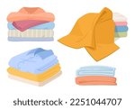Cartoon clean clothes pile. Stacked laundry clothes, clean clothing. Laundry apparel isolated flat vector illustration set