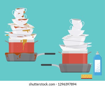 Cartoon Clean Dirty Dishes Set Plates Stock Illustration 1305803083