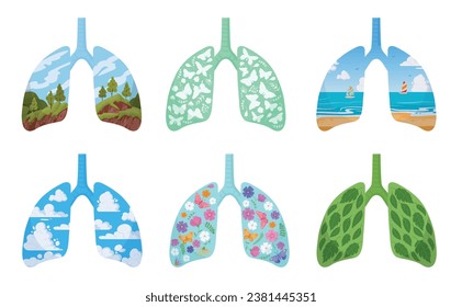 Cartoon saubere Lungen. Gesunde menschliche Lungen, Lungenmetapher des grünen Planeten. Umweltpflege-Konzept: flache Vektorgrafik