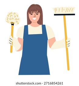 Cartoon clean worker holding pinsel tools. Vektorgrafik einzeln. Cartoon Frau kaukasisch in Uniform mit Reinigungswerkzeugen. Hausaufgabenkonzept.