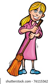 Cartoon cleaner with a broom. Isolated on white