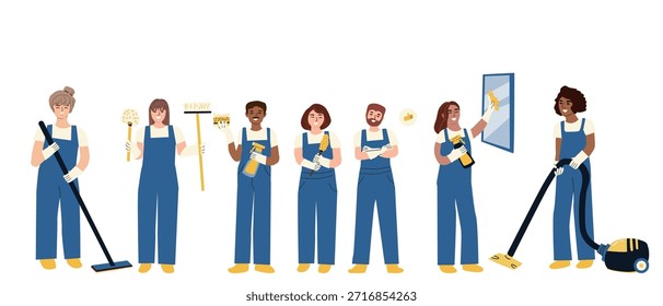 Cartoon Reiniger Set. Vektorgrafik einzeln. Reinigungspersonal in Uniformen. Cartoon Frau und Männer in verschiedenen ethnischen Zugehörigkeit mit Reinigungswerkzeugen.