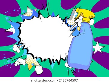 Cartoon Cleaning Product with blank speech bubble, comic book Window Washer Spray Bottle background. Retro vector comics pop art design.