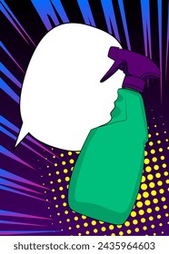 Cartoon Cleaning Product with blank speech bubble, comic book Window Washer Spray Bottle background. Retro vector comics pop art design.