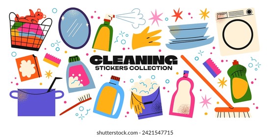 Cartoon cleaning retro stickers, cleanliness concept abstract shapes. Sponge, brush, spray, rag, washing machine. Vector retro illustration of disinfection