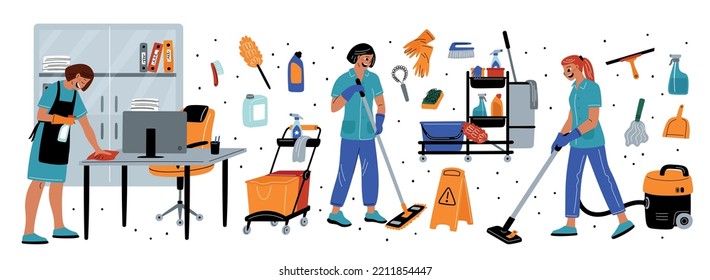 Cartoon Cleaning Service Equipment. Professional Housekeeper Accessories. Cleaner Characters With Hygiene Tools And Chemicals. Women In Uniform Mopping Or Dust Wiping