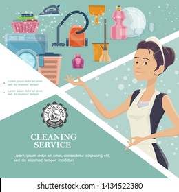 Cartoon cleaning service template with maid washer clean plate glasses iron basket of towels vector illustration