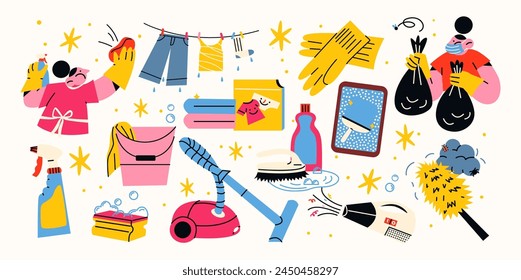 Cartoon cleaning stickers, cleanliness concept abstract shapes. Sponge, brush, spray, rag, vacuum cleaner, cleaners. Vector retro illustration of disinfection