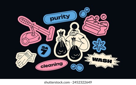 Cartoon cleaning stickers, cleanliness concept abstract shapes. Sponge, brush, spray, rag, vacuum cleaner, cleaners. Vector retro illustration of disinfection	
