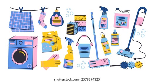 Cartoon cleaning stickers, cleanliness concept abstract shapes. Sponge, brush, spray, rag, vacuum cleaner, cleaners. Vector retro illustration of disinfection