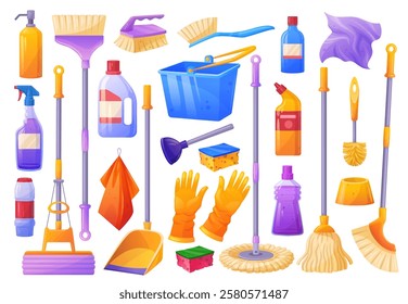 Cartoon cleaning supplies. Clean tools products, household stuff housework equipment housekeeping set cleaner spray broom mop duster toilet brush home wash tidy vector illustration original artwork