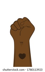 Cartoon clenched hand in a fist isolated on white background. Heart symbol on wrist. Black Lives Matter protest in USA. Vector Illustration. EPS 10
