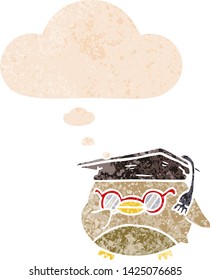 cartoon clever bird with thought bubble in grunge distressed retro textured style